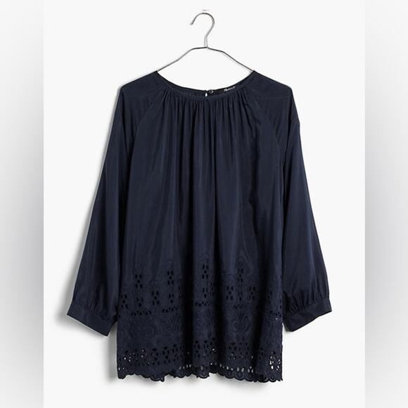 Madewell Navy Blue Eyelet Edge Shirred Peasant Blouse Size Small - Picture 1 of 6